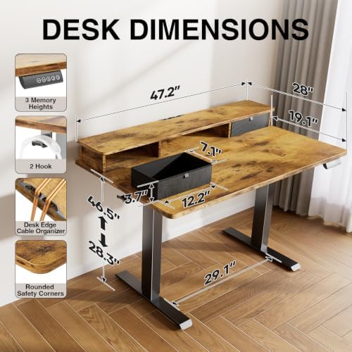 Veken 47x28 in Electric Standing Desk with Drawers, Adjustable Table, Brown