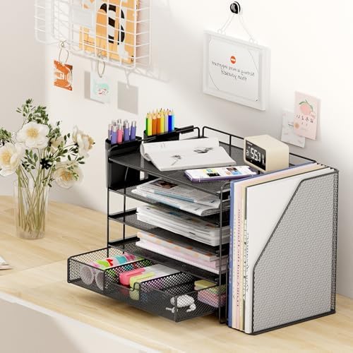 OPNICE Desk Organizer, 5-Tier Desktop File Organizer with Drawer and Pen Holders, Office Desk Accessories, File Sorters, Workspace Organizers for Office Supplies(Black)