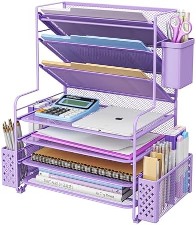 Simple Trending 7 Tier Desk File Organizer, Letter Tray Paper Organizer with Pen Holder and Metal Hanging Basket, Purple