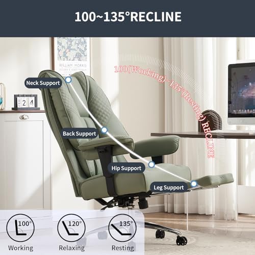 EXCEBET Big and Tall Office Chair 400lbs Wide Seat, Leather High Back Executive Office Chair with Foot Rest, Ergonomic Chairs Lumbar Support for Lower Back Pain Relief (Light Green)