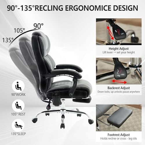 Massage Office Chair with Heat & Footrest,Heated Comfy Reclining Desk Chair with Vibration,Executive Big and Tall Chairs for Heavy People,Adjustable Height Black Grey