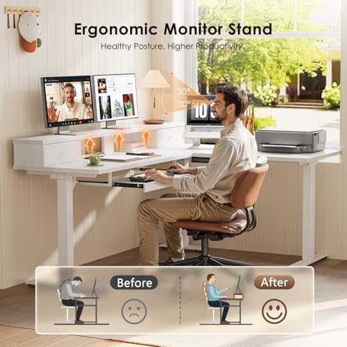 OffiGo 59 Inch L Shaped Electric Standing Desk with Drawers, White