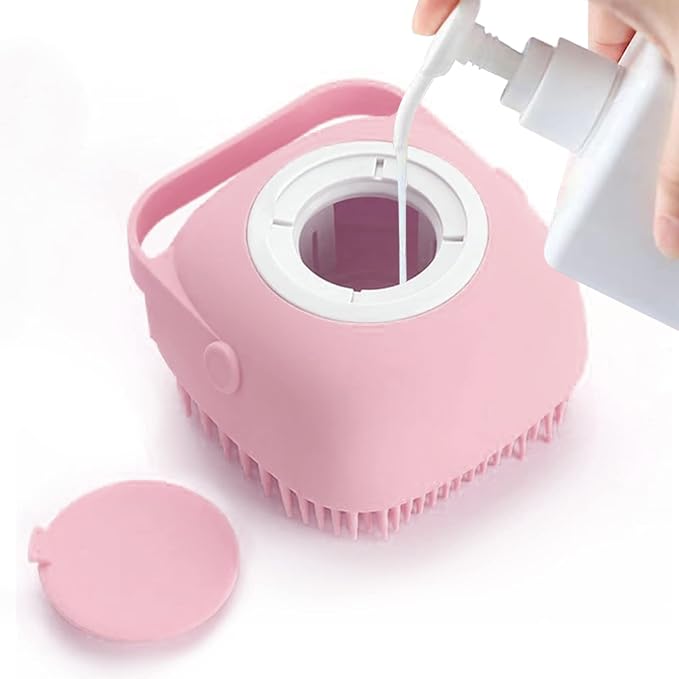 Pet Grooming Bath Massage Brush with Soap and Shampoo Dispenser Soft Silicone Bristle for Long Short Haired Dogs Cats Shower (Pink)