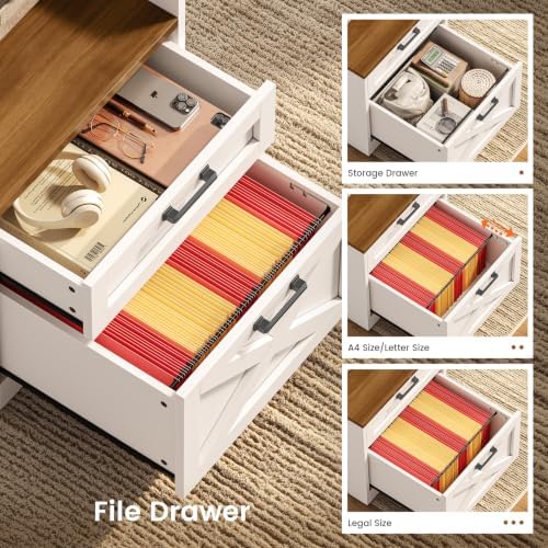 SEDETA 63" Farmhouse Office Desk with 5 Drawers, White and Brown