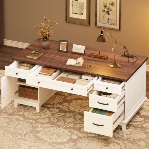 GarveeHome Executive Desk with File Drawers, Farmhouse Home Office Desk with Charging Station, 60 in Wooden Computer Desk with Cabinet Storage for Work Study Writing, White Walunt