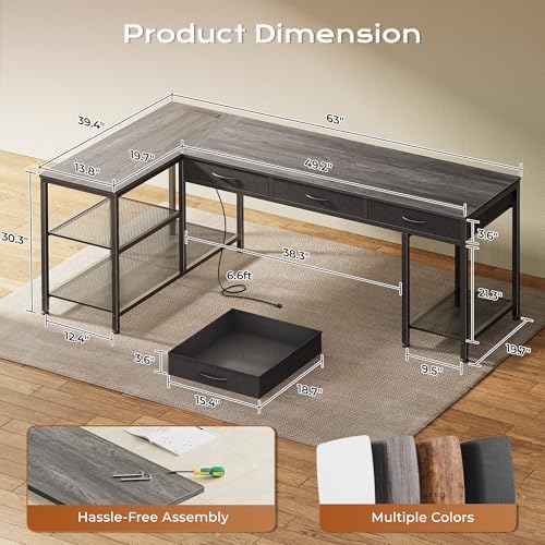 PRAISUN 63 Inch L Shaped Office Desk with Power Outlets and Type-C Port, Large Computer Gaming Desk with 3 Fabric Drawers, Mesh Shelves, Corner Study Work Writing Desk, Grey