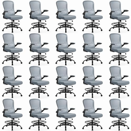 ErGear Drafting Chair,Tall Office Chair with Flip-Up Armrests, High Desk Chair Adjustable Height and Adjustable Footrest Ring, Ergonomic Standing Desk Chair with Lumbar Support, Blue,20 Pack