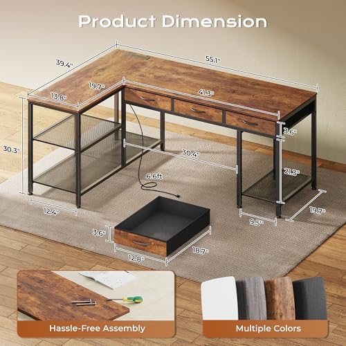 PRAISUN 55 Inch L Shaped Office Desk with Power Outlets and Type-C Port, Large Computer Gaming Desk with 3 Fabric Drawers, Mesh Shelves, Corner Study Work Writing Desk, Rustic Brown