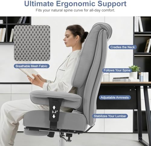 EXCEBET Big and Tall Executive Office Chair 400lbs Wide Seat, Mesh Grey