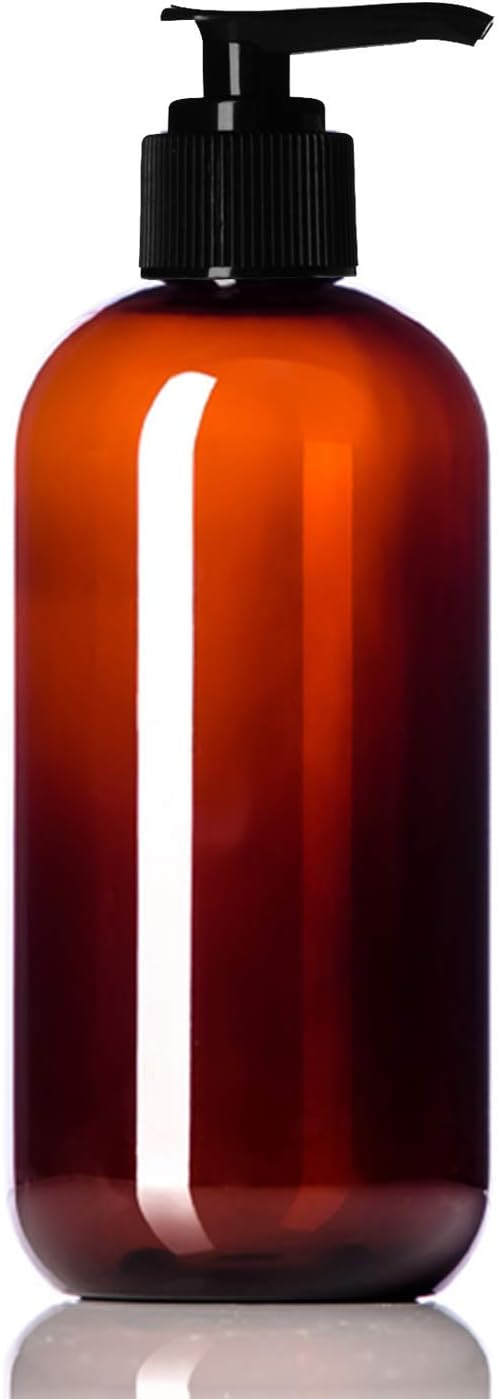 8oz Plastic Amber Bottles (6 Pack) BPA-Free Squeeze Containers with Pump Cap, Labels Included