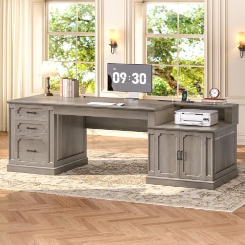 SEDETA Farmhouse 70.9" Executive Desk, Home Office Desk with File Drawers and Storage Cabinet, Computer Desk with Power Outlet for Home Office, Work Study Writing, Gray