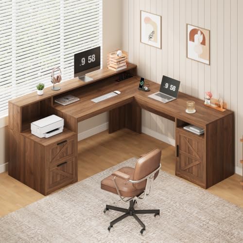 Farmhouse L Shaped Desk with Drawers & Printer Shelf for Home Office