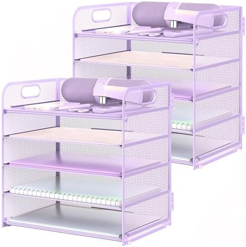 2 Pack Letter Tray Paper Organizer 5-Tier Desk Organizer File Organizer Paper Holder with Handle, Metal Desktop Document Shelf Tray Office Classroom Organization - Purple