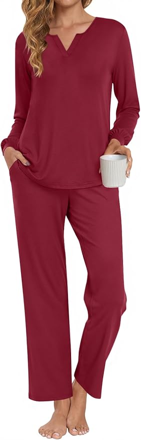 Anyally Women's Plus Size Pajama Sets Ladies Fall Pjs 2 Pieces Lounge Outfits V Neck Long Sleeves Sleepwear with Pockets