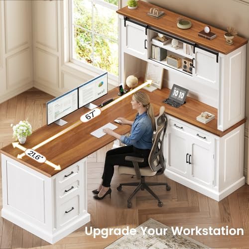 SEDETA 67" Farmhouse Executive L Shaped Desk with Hutch & Storage