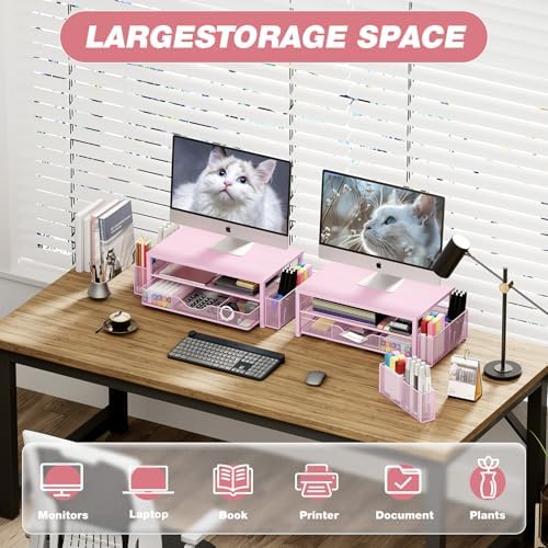 OPNICE Desk Organizer and Accessories, 2-Tier Computer Monitor Stand Riser with Drawer and 2 Pen Holders, Laptop Stand, Office Desk Accessories for Office Supplies, Pink