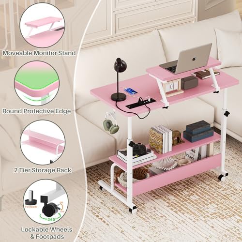 Height Adjustable Standing Desk with Power Outlets and LED Lights - 32" Manual Stand Up Desk with Monitor Stand and Storage Shelves Small Mobile Rolling Computer Desk Portable Laptop Table, Pink
