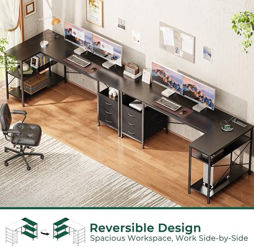 Huuger L Shaped Office Desk with Power Outlets & 3 Drawers