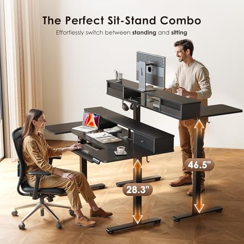 OffiGo 55 Inch U Shape Standing Desk with Keyboard Tray & Drawers, Black
