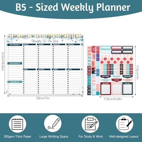 Thboxes Weekly To Do List Notepad, 8.5"x11" Desk Planner 52 Sheets, Blue