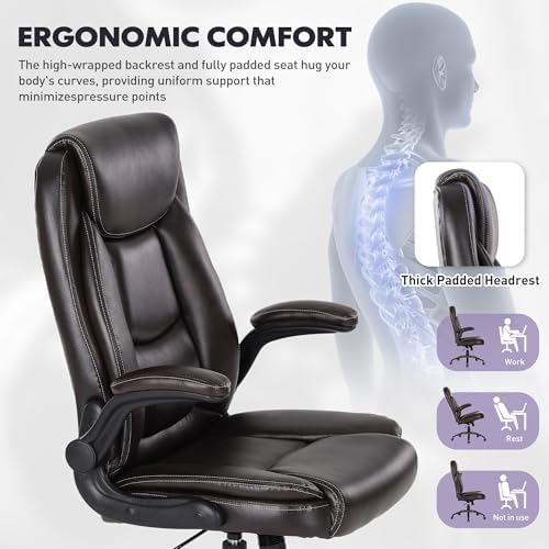 300lbs Capacity Executive Desk Chair with Ergonomic Lumbar Support, Flip-up Arms & High Back Leather Computer Chair for Home/Office, Brown
