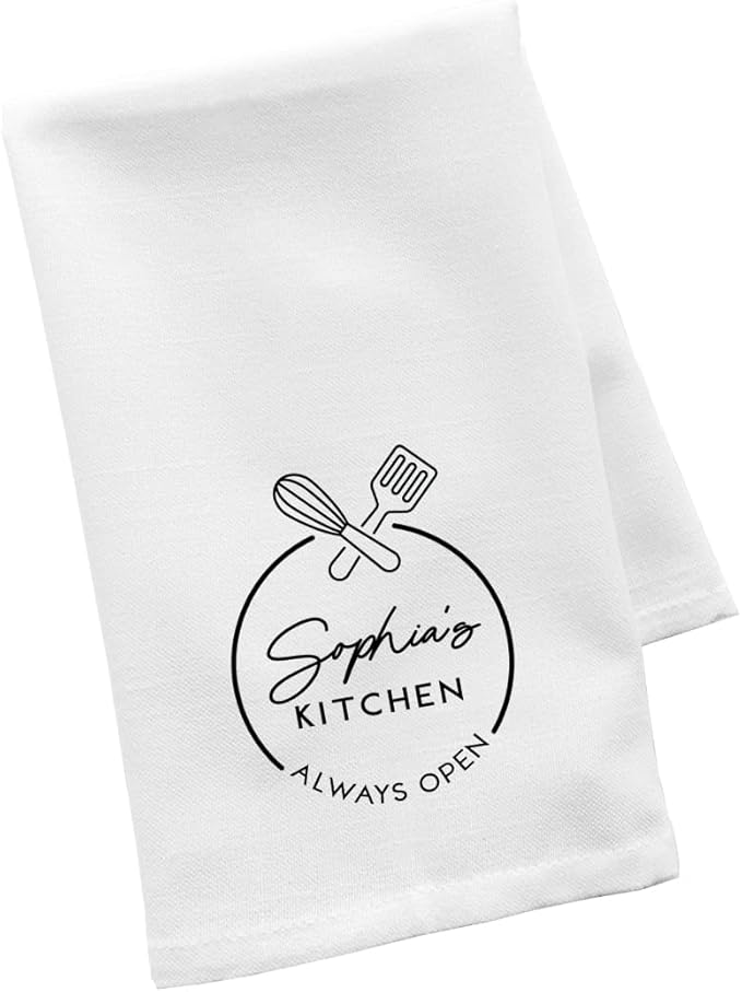 Andaz Press Personalized Kitchen Towel, Flour Sack Tea Towel, Custom Name Kitchen Always Open Birthday for Mom Daughter, Grandma Housewarming Gift for Couples, Kitchen Decor