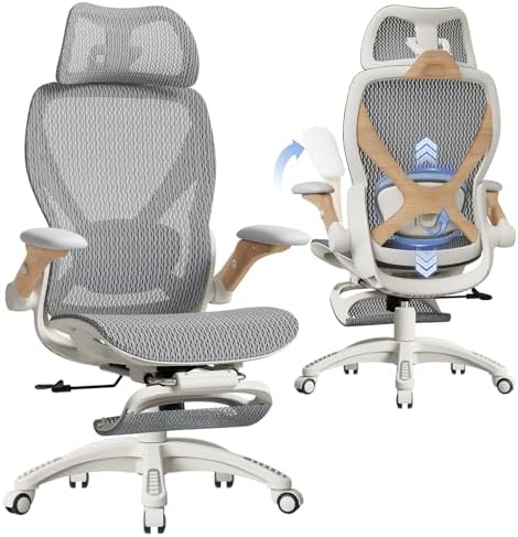 ELABEST X100 Ergonomic Mesh Office Chair with Footrest, Big and Tall Home Desk Chair with 5D Flip-Up Arms, Adjustable 3D Lumbar Support, Gaming & Executive Computer Chair (Foggy Morning)