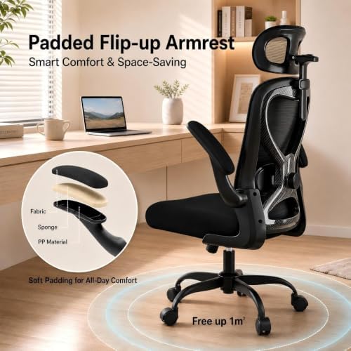 Home Office Desk Chairs, Ergonomic Office Chair with Lumbar Support & 3D Headrest, Computer Desk Chair with Flip-up Armrests, Perfect for Office or Study, Black/Carbon Fiber