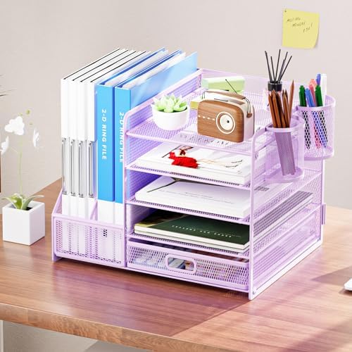 Marbrasse Desk Organizer with File Holder, 5-Tier Paper Letter Tray Organizer with Drawer and 2 Pen Holder, Mesh Desktop Organizer and Storage with Magazine Holder for Office Supplies(Purple)