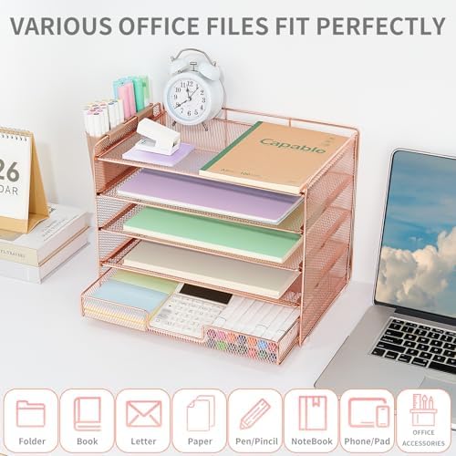 LEKETREE Desk Organizer and Accessories, 5-Tier Paper Letter Tray Organizer with Drawer & 2 Pen Holders for Desktop File Organization, Office Desk Accessories for Supplies Storage (Rose Gold)