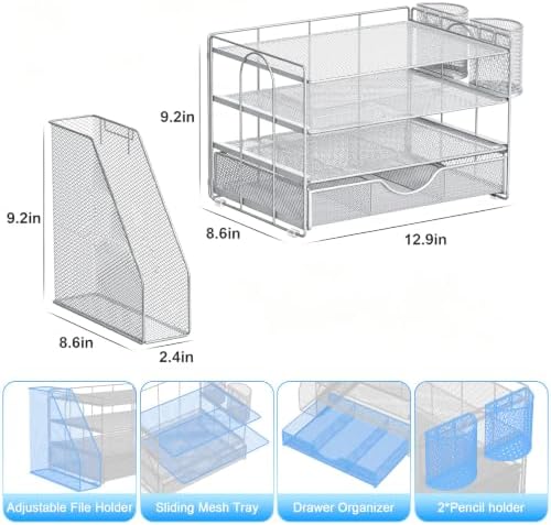 gianotter Desk Organizers and Accessories with File Holder, 4-Tier Desk Accessories & Workspace Organizers with Drawer and 2 Pen Holder, Paper Organizer for Office Supplies (Grey)