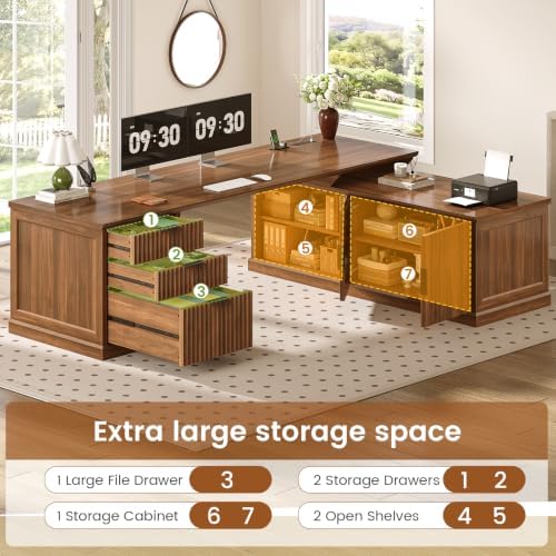 SEDETA Fluted 70.9" L Shaped Desk with Drawers, Fluted Brown
