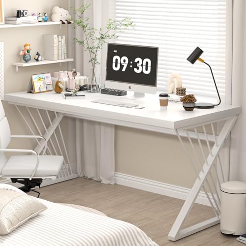 FOLUBAN Modern White Desk, Rustic Wood and Metal Computer Desk for Home Office, Simple Writing Work PC Desks for Bedroom, Industrial Study Gaming Table for Living Room, White, 53 Inch