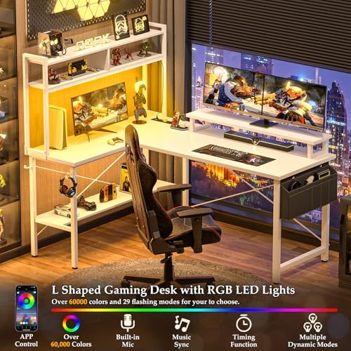 Aheaplus L Shaped Gaming Desk with Power Outlets & LED Lights, White