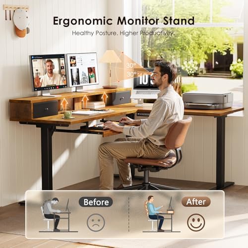 OffiGo 59 Inch L Shaped Electric Standing Desk with Drawers, Rustic Brown