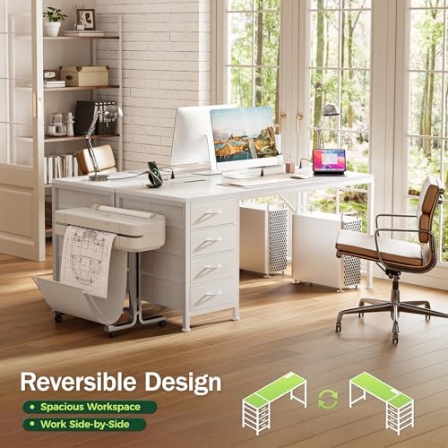 PRAISUN 55.1 Inch Computer Office Desk with Power Outelts and USB-C Port, Reversible Gaming Desk with 4 Fabric Drawers, Work Study Desk Work from Home, White