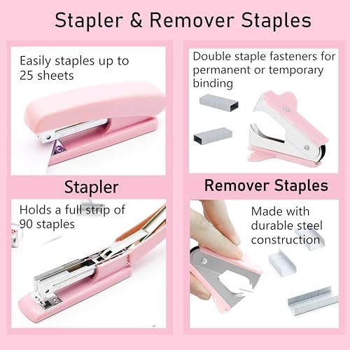 Pink Desk Accessories, Pink Office Supplies, Stapler, Staple Remover, Tape Holder, Pen Holder, Ballpoint Pen, Scissor, Binder Clips, Paper Clips and 1000pcs Staples.