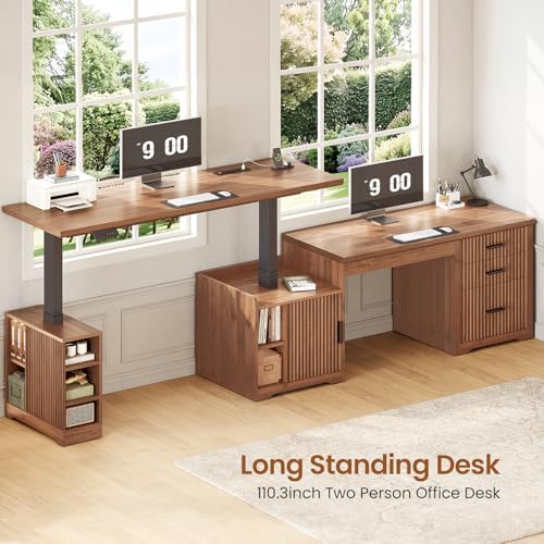 SEDETA Fluted L Shaped Electric Standing Desk, 63" x 67" Height Adjustable Home Office Executive Desk with Drawers and Shelves, Two Person Desk with Power Outlet for Home Office, Brown