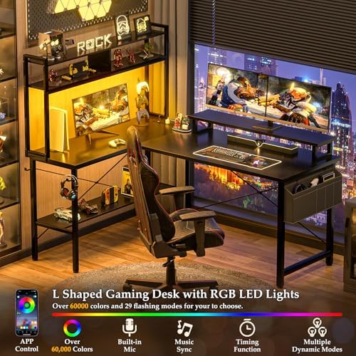 Aheaplus L Shaped Gaming Desk with Power Outlets & LED Lights, Black