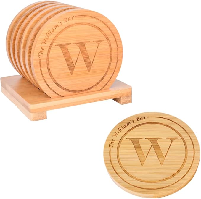 Personalized Bamboo Coasters, Custom Engraved Monogram Coasters with Holder, Great Gifts for Relatives, Friends or Yourself (Set of 6)