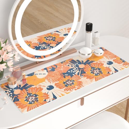 QiyI PU Leather Large Mouse Pad, Office Decor, 31.5" x 11.8", Orange Flower
