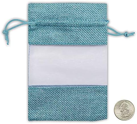 12-Pack Small Linen Burlap & Organza Gift Bags w. Drawstrings (3.5x5.5 in, Teal) - Party Favors, Presents, Samples & Treats Mesh Pouch by The Display Guys