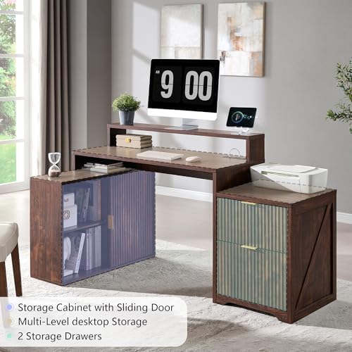 67" Modern Desk with Storage Cabinet & 2 Drawers, Built‑in Outlet