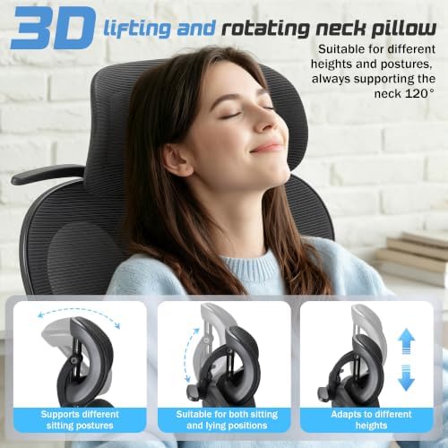 Furmax Ergonomic Office Chair with 3D Headrest & 4D Flippable Armrests, Adjustable Lumbar Support, 135° Recline, Breathable Mesh Seat, Height Adjustable Swivel Computer Desk Chair(Black)