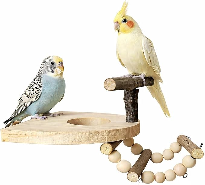 Bird Perch for Cage, Natural Pine Wood Platform with Ladder, Cage Mounted Parrot Perch for Parakeets, Cockatiels, Budgies, Finches & Small Birds