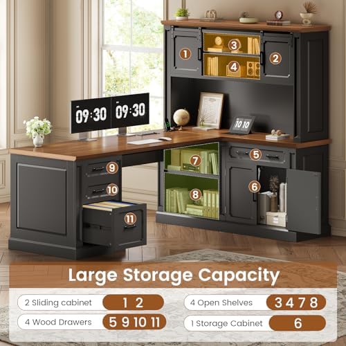 SEDETA 67" Farmhouse Executive L Shaped Desk with Hutch