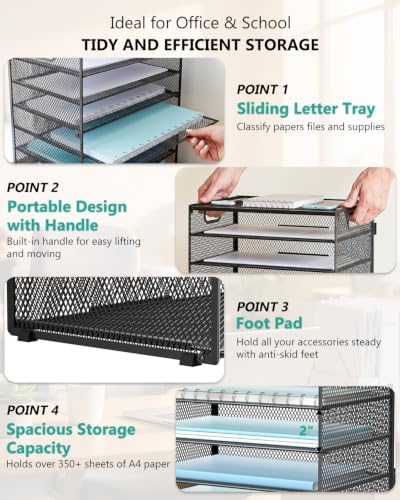 WALI Desk File Organizer, 9 Tier Desktop Paper Letter Tray Organizer with Handle, Office Desk Accessories & Workspace Organizers for Office, Home, School Supplies, 1 Pack, Black