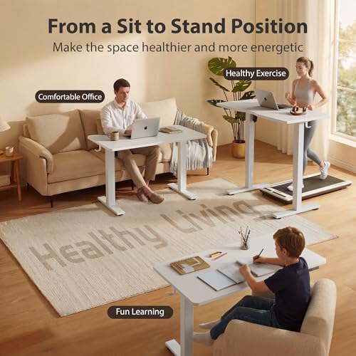 Cubiker Standing Desk, 63x28 Inches Sit Stand Home Office Desk, Electric Stand up Desk, Adjustable Desk with Splice Board, White Frame/White Top