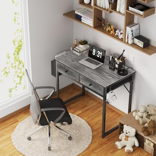 Lufeiya Small Desk with Drawers - for Bedroom, 32 Inch Home Office Computer Desk with Fabric Storage Drawer and Bag, Study Writing Table for Small Spaces, Gray