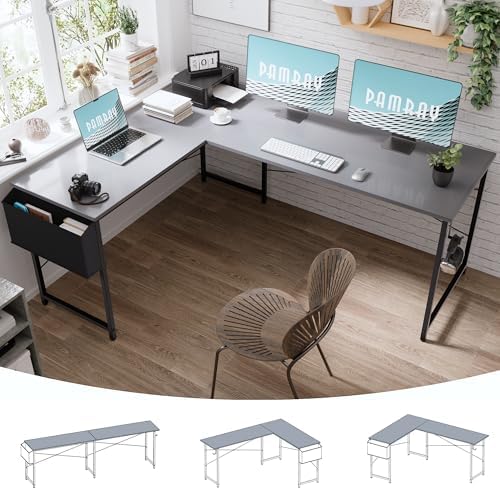 Pamray 64.5 Inch Reversible L Shaped Gaming Desk Large Corner Computer Desk with Storage Bag Home Office Table for Writing Study Grey